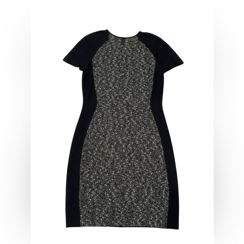 ST JOHN KNIT 8 WOMENS DRESS BOUCLE KNIT BLACK  & WHITE TWEED SHIMMER